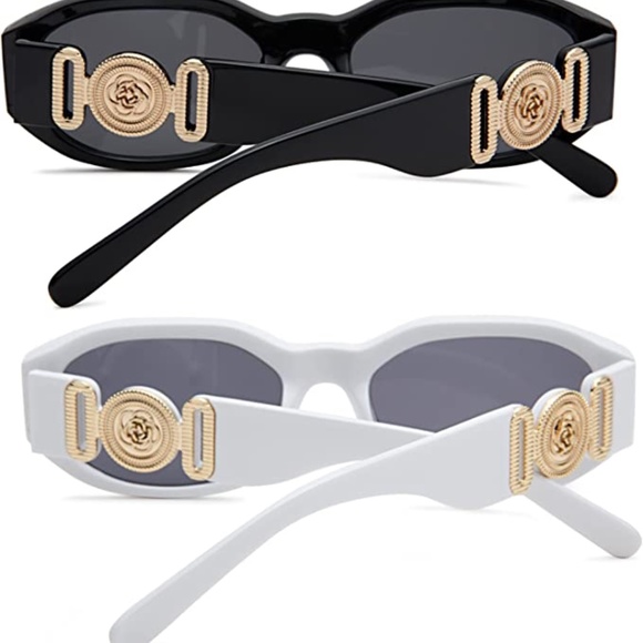 Black Rectangle Sunglasses Retro 90’s Vintage Side Gold Logo Detail Rose Chunky - Picture 3 of 4